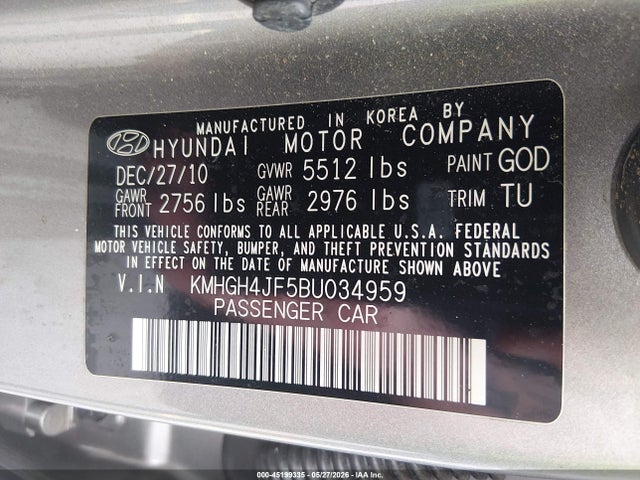 Продаж на аукціоні авто 2011 Hyundai Equus Signature, vin: KMHGH4JF5BU034959, номер лоту: 45199335