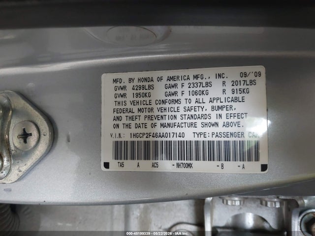 Продаж на аукціоні авто 2010 Honda Accord 2.4 Lx-p, vin: 1HGCP2F46AA017140, номер лоту: 45199339