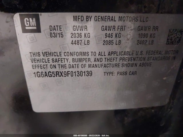 45199365 :رقم المزاد ، 1G6AG5RX9F0130139 vin ، 2015 Cadillac Ats Standard مزاد بيع