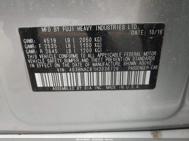2017 Subaru Legacy 2.5i Premium მანქანა იყიდება აუქციონზე, vin: 4S3BNAC61H3036726, აუქციონის ნომერი: 45199367