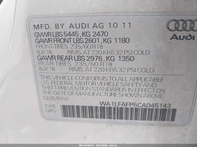 Aukcja sprzedaży 2012 Audi Q5 2.0t Premium, vin: WA1LFAFP5CA045143, numer aukcji: 45199375