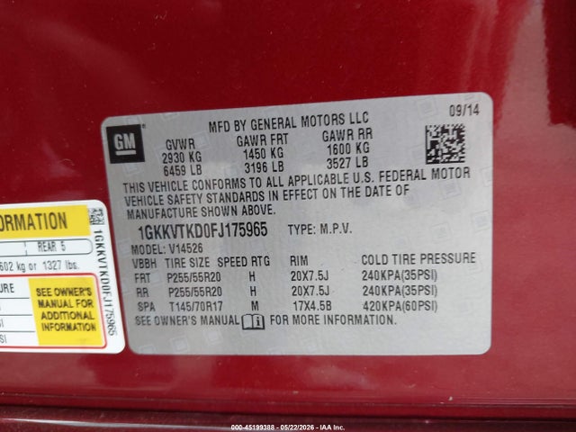 45199388 :رقم المزاد ، 1GKKVTKD0FJ175965 vin ، 2015 Gmc Acadia Denali مزاد بيع