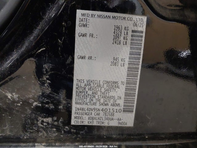 1N4BL4DV9SN401510 Nissan Altima Sv Fwd