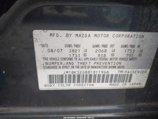 2008 Mazda Mazda3 I მანქანა იყიდება აუქციონზე, vin: JM1BK32G881811968, აუქციონის ნომერი: 45199404