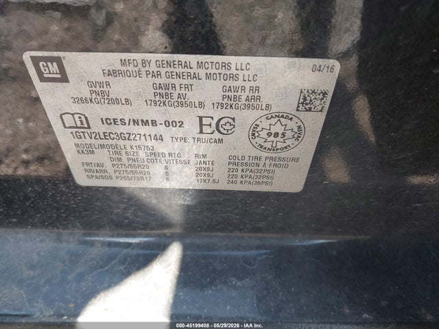 2016 Gmc Sierra 1500 მანქანა იყიდება აუქციონზე, vin: 1GTV2LEC3GZ271144, აუქციონის ნომერი: 45199408