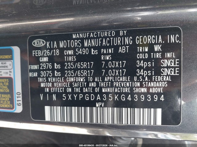 5XYPGDA35KG439394 KIA Sorento 2.4l Lx
