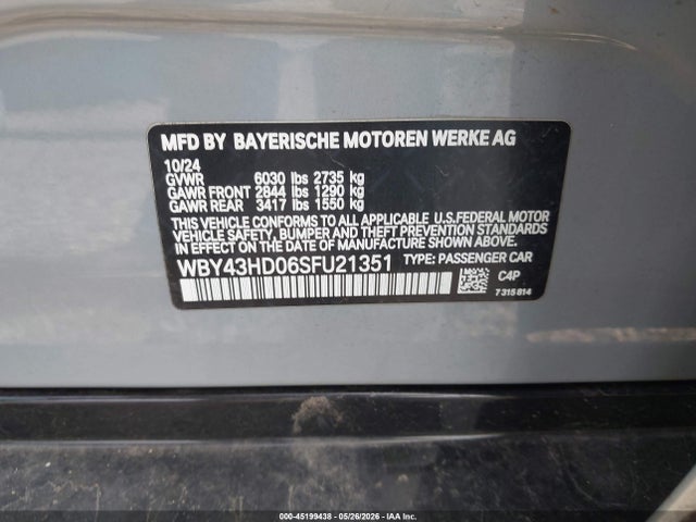 45199438 :رقم المزاد ، WBY43HD06SFU21351 vin ، 2025 Bmw I4 Gran Coupe Xdrive40 مزاد بيع