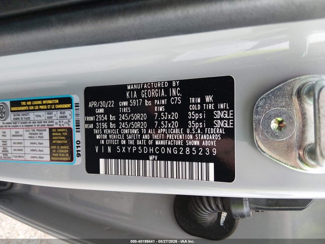 Продаж на аукціоні авто 2022 Kia Telluride Sx, vin: 5XYP5DHC0NG285239, номер лоту: 45199441