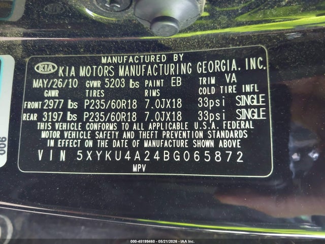 2011 Kia Sorento Ex V6 მანქანა იყიდება აუქციონზე, vin: 5XYKU4A24BG065872, აუქციონის ნომერი: 45199460