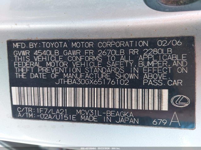 Продажа на аукционе авто 2006 Lexus Es 330, vin: JTHBA30GX65176102, номер лота: 45199464