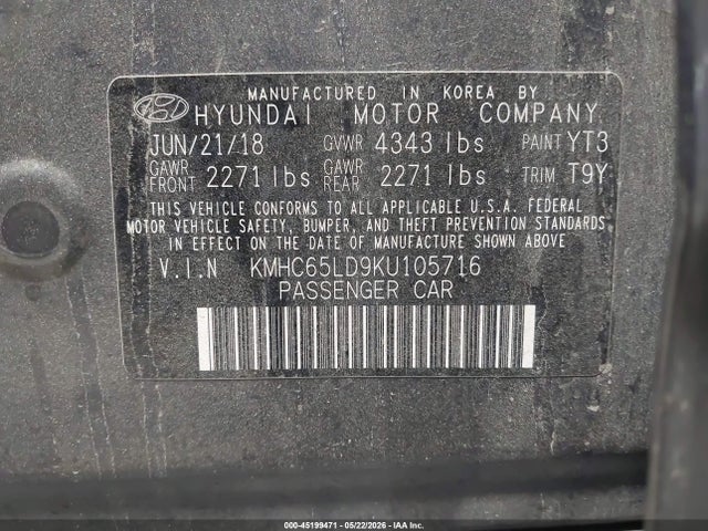 45199471 :رقم المزاد ، KMHC65LD9KU105716 vin ، 2019 Hyundai Ioniq Plug-in Hybrid مزاد بيع