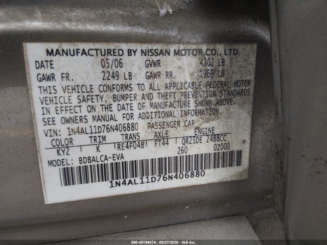 Aukcja sprzedaży 2006 Nissan Altima 2.5 S, vin: 1N4AL11D76N406880, numer aukcji: 45199474