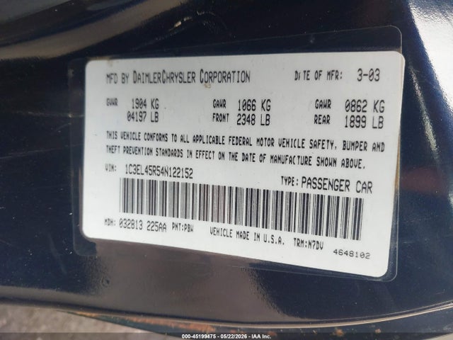 Aukcja sprzedaży 2004 Chrysler Sebring Lx, vin: 1C3EL45R54N122152, numer aukcji: 45199475
