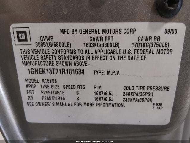 45199485 :رقم المزاد ، 1GNEK13T71R101634 vin ، 2001 Chevrolet Tahoe Ls مزاد بيع
