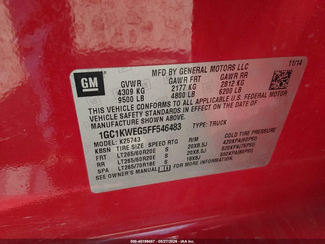 45199487 :رقم المزاد ، 1GC1KWEG5FF546483 vin ، 2015 Chevrolet Silverado 2500hd Ltz مزاد بيع
