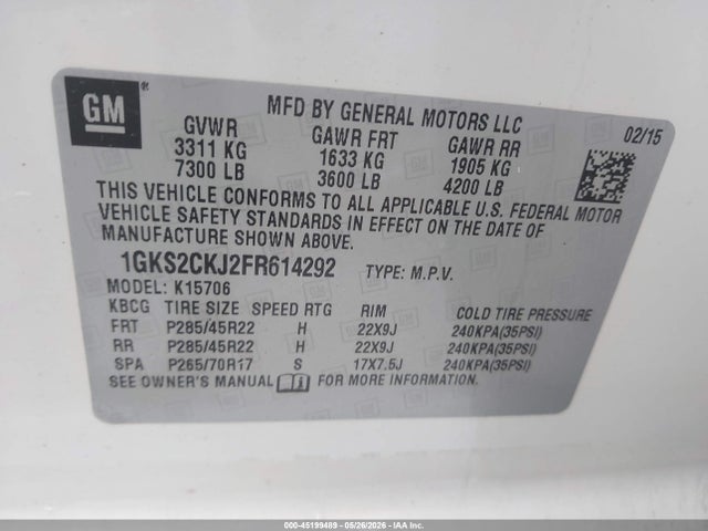 2015 Gmc Yukon Denali მანქანა იყიდება აუქციონზე, vin: 1GKS2CKJ2FR614292, აუქციონის ნომერი: 45199489