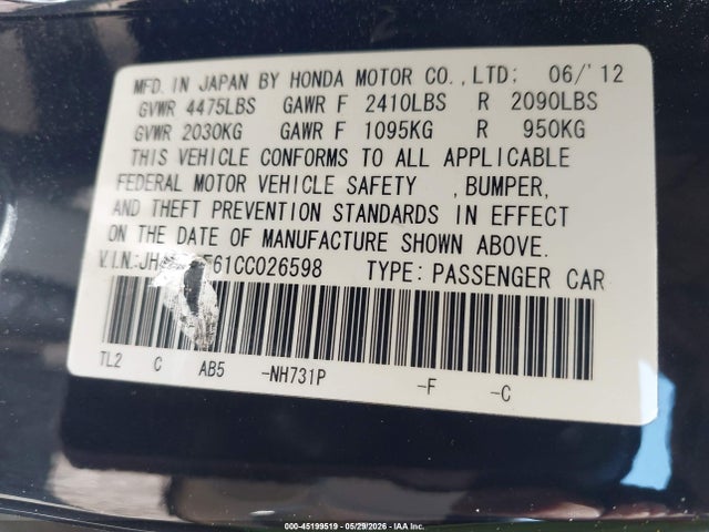 Aukcja sprzedaży 2012 Acura Tsx 2.4, vin: JH4CU2F61CC026598, numer aukcji: 45199519
