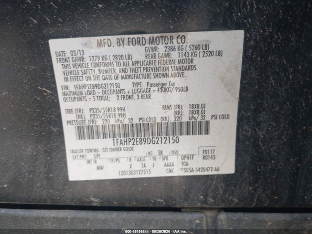 Aukcja sprzedaży 2013 Ford Taurus Sel, vin: 1FAHP2E89DG212150, numer aukcji: 45199544