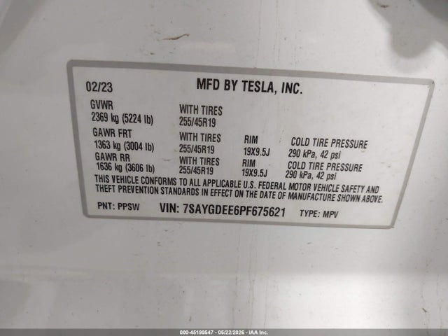 Продажа на аукционе авто 2023 Tesla Model Y Awd/long Range Dual Motor All-wheel Drive, vin: 7SAYGDEE6PF675621, номер лота: 45199547