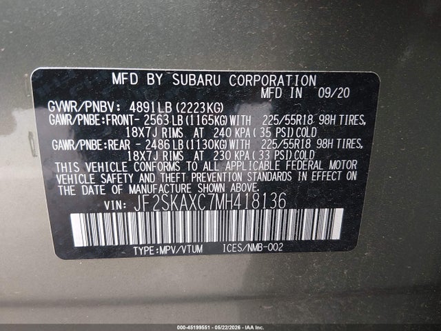 Aukcja sprzedaży 2021 Subaru Forester Touring, vin: JF2SKAXC7MH418136, numer aukcji: 45199551