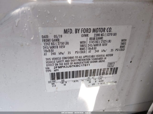 Продажа на аукционе авто 2019 Ford Edge Sel, vin: 2FMPK3J97KBC17811, номер лота: 45199560