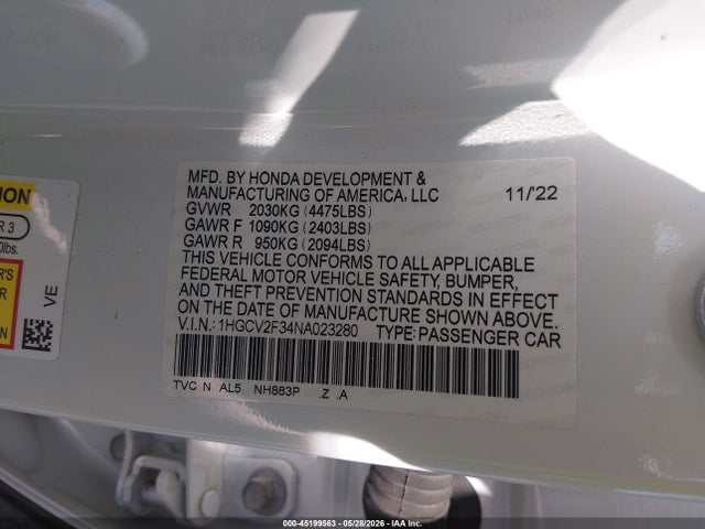 Aukcja sprzedaży 2022 Honda Accord Sport 2.0t, vin: 1HGCV2F34NA023280, numer aukcji: 45199563