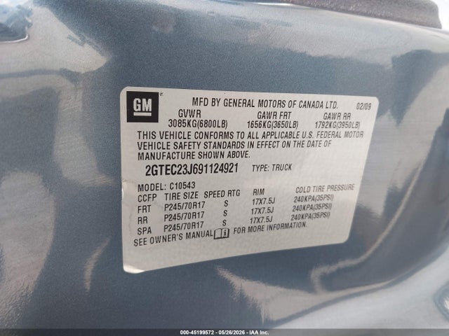 Aukcja sprzedaży 2009 Gmc Sierra 1500 Sle, vin: 2GTEC23J691124921, numer aukcji: 45199572