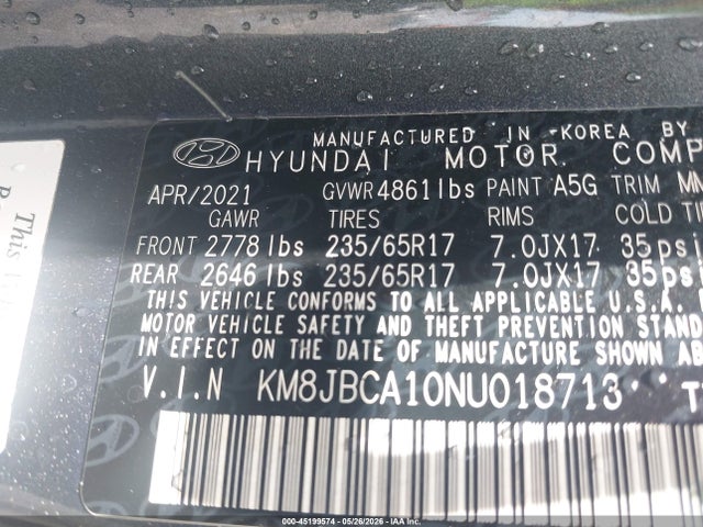 Aukcja sprzedaży 2022 Hyundai Tucson Hybrid Blue, vin: KM8JBCA10NU018713, numer aukcji: 45199574