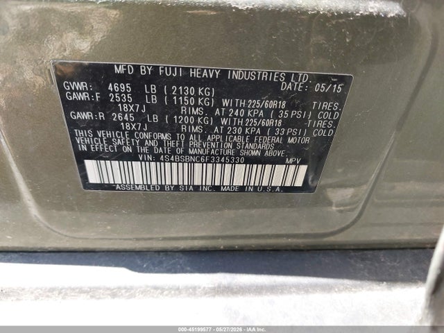 2015 Subaru Outback 2.5i Limited მანქანა იყიდება აუქციონზე, vin: 4S4BSBNC6F3345330, აუქციონის ნომერი: 45199577