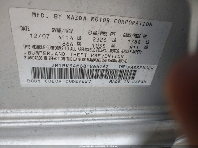 45199584 :رقم المزاد ، JM1BK34M681866762 vin ، 2008 Mazda Mazdaspeed3 Grand Touring مزاد بيع