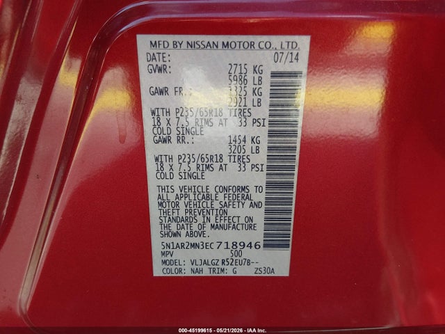 Aukcja sprzedaży 2014 Nissan Pathfinder Sl, vin: 5N1AR2MN3EC718946, numer aukcji: 45199615
