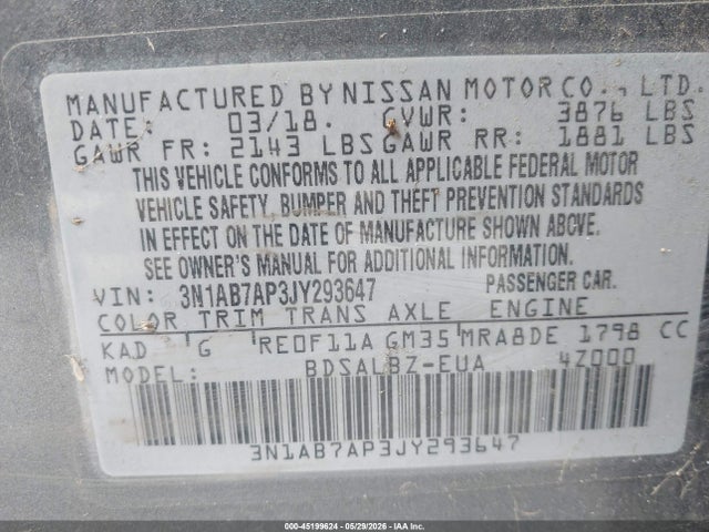 45199624 :رقم المزاد ، 3N1AB7AP3JY293647 vin ، 2018 Nissan Sentra S مزاد بيع