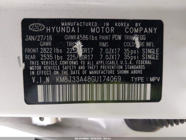 Aukcja sprzedaży 2016 Hyundai Tucson Se, vin: KM8J33A48GU174069, numer aukcji: 45199629