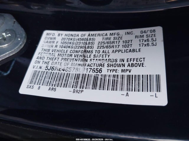 2008 Honda Cr-v Ex მანქანა იყიდება აუქციონზე, vin: 5J6RE48578L017656, აუქციონის ნომერი: 45199630
