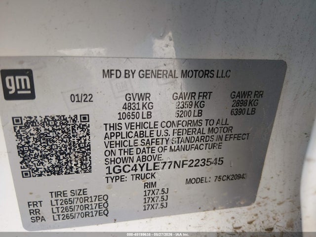 45199638 :رقم المزاد ، 1GC4YLE77NF223545 vin ، 2022 Chevrolet Silverado 2500hd 4wd  Long Bed Wt مزاد بيع