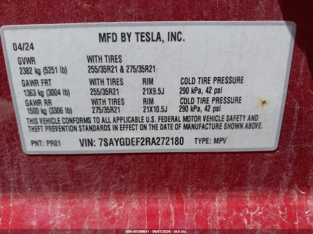 2024 Tesla Model Y Performance Dual Motor All-wheel Drive მანქანა იყიდება აუქციონზე, vin: 7SAYGDEF2RA272180, აუქციონის ნომერი: 45199641