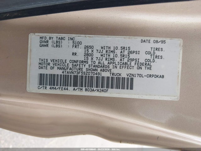 1995 Toyota Tacoma Xtracab მანქანა იყიდება აუქციონზე, vin: 4TAVN73F5SZ070491, აუქციონის ნომერი: 45199648