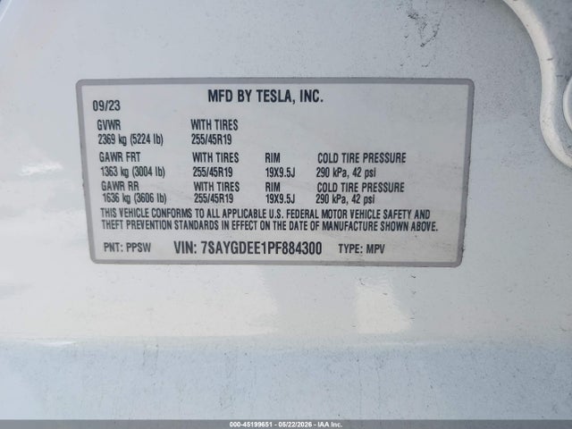 2023 Tesla Model Y მანქანა იყიდება აუქციონზე, vin: 7SAYGDEE1PF884300, აუქციონის ნომერი: 45199651
