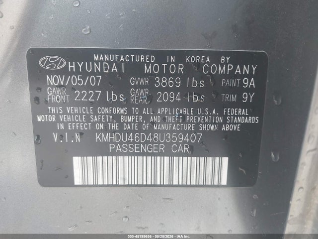 2008 Hyundai Elantra Gls/se მანქანა იყიდება აუქციონზე, vin: KMHDU46D48U359407, აუქციონის ნომერი: 45199656