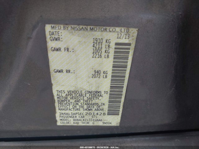 45199670 :رقم المزاد ، 1N4AL3AP5EC201428 vin ، 2014 Nissan Altima 2.5 S مزاد بيع