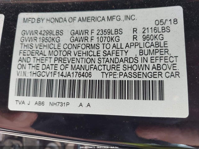 45199673 :رقم المزاد ، 1HGCV1F14JA176406 vin ، 2018 Honda Accord Lx مزاد بيع
