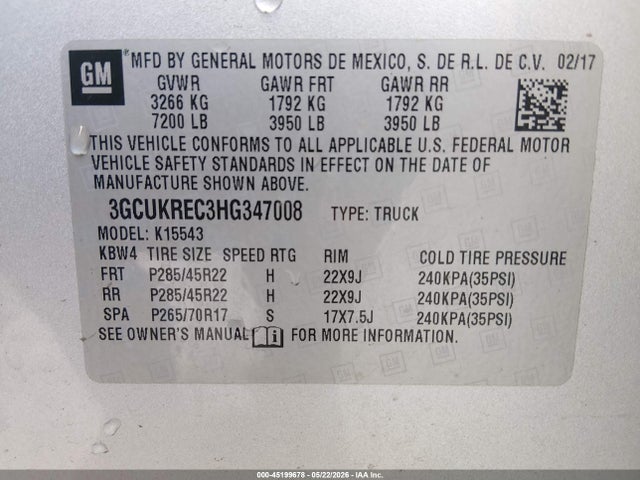 Продаж на аукціоні авто 2017 Chevrolet Silverado 1500 1lt, vin: 3GCUKREC3HG347008, номер лоту: 45199678