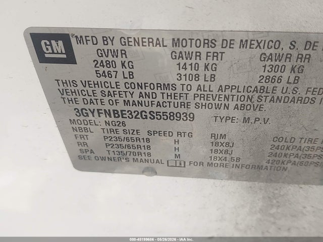 45199686 :رقم المزاد ، 3GYFNBE32GS558939 vin ، 2016 Cadillac Srx Luxury Collection مزاد بيع