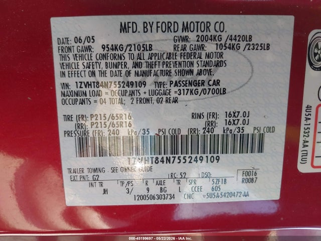 2005 Ford Mustang მანქანა იყიდება აუქციონზე, vin: 1ZVHT84N755249109, აუქციონის ნომერი: 45199697