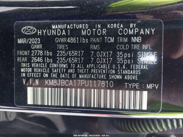 Aukcja sprzedaży 2023 Hyundai Tucson Hybrid Blue, vin: KM8JBCA17PU117810, numer aukcji: 45199706
