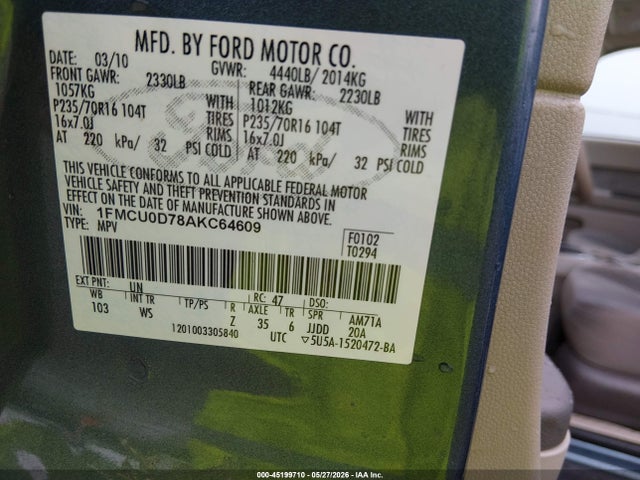 2010 Ford Escape Xlt მანქანა იყიდება აუქციონზე, vin: 1FMCU0D78AKC64609, აუქციონის ნომერი: 45199710