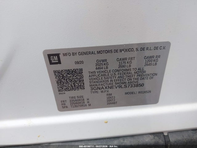 2020 Chevrolet Equinox Fwd Premier 1.5l Turbo მანქანა იყიდება აუქციონზე, vin: 3GNAXNEV9LS733850, აუქციონის ნომერი: 45199711