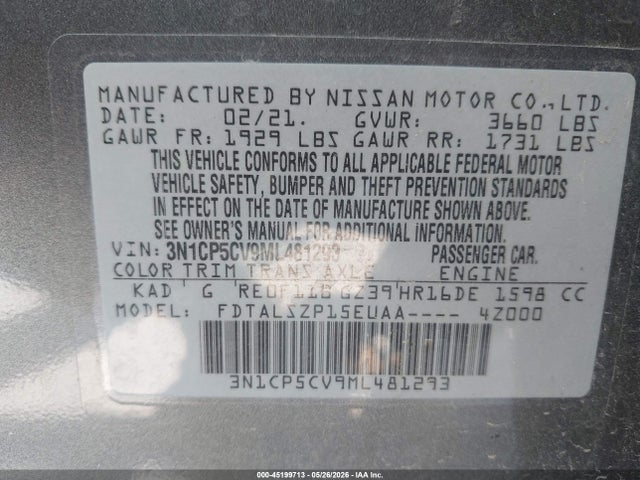 2021 Nissan Kicks Sv Xtronic Cvt მანქანა იყიდება აუქციონზე, vin: 3N1CP5CV9ML481293, აუქციონის ნომერი: 45199713
