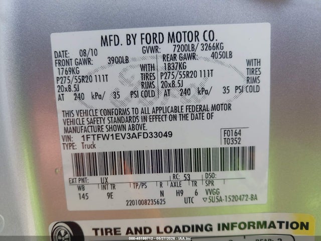 2010 Ford F-150 Fx4/harley-davidson/king Ranch/lariat/platinum/xl/xlt მანქანა იყიდება აუქციონზე, vin: 1FTFW1EV3AFD33049, აუქციონის ნომერი: 45199712