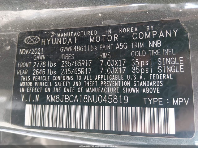 Продажа на аукционе авто 2022 Hyundai Tucson Hybrid Blue, vin: KM8JBCA18NU045819, номер лота: 45199719